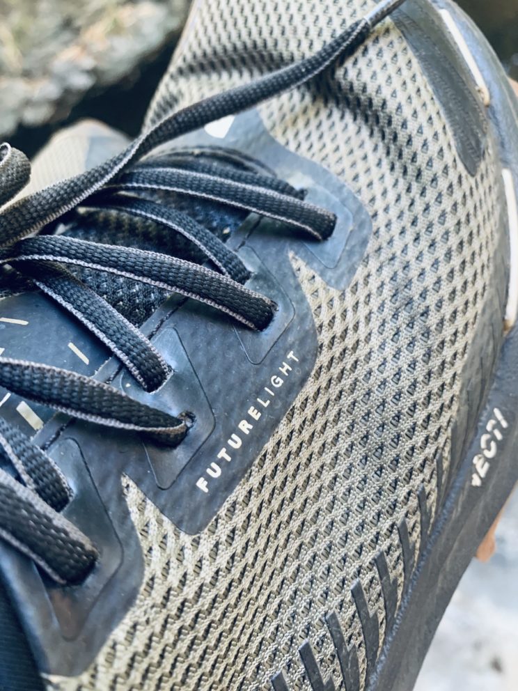 Up-close view of the exterior material and the lacing system